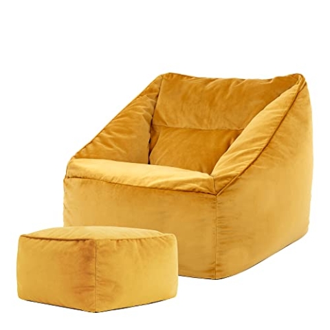 Icon Natalia Sitzsack Sessel mit Hocker für Erwachsene, Gelb, Flauschiger Samtstoff, Riesen Sitzsack Samt mit Füllung, Bean Bag Chair, Bequemer Sessel Wohnzimmer, Lounge, Schlafzimmer, Büro
