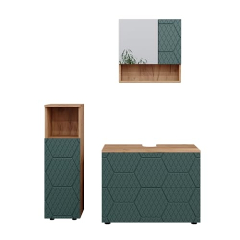 Vicco Badmöbel-Set Irma, Goldkraft Eiche/Grün, 3 Teile, mit Midischrank