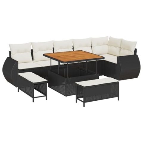 vidaXL 9-teiliges Garten-Sofa-Set mit Kissen, Schwarzes Poly-Rattan, Akazie, 3-teiliges Garten-ESS-Set mit Kissen, Schwarzes Poly-Rattan, Akazie