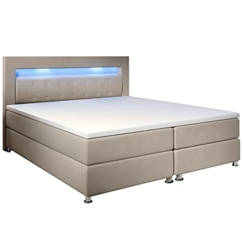 Juskys Boxspringbett Vancouver 180x200 cm - Doppelbett mit LED-Beleuchtung, Topper & Bonell-Federkern-Matratzen - Bett Polsterbett Beige mit Stoff