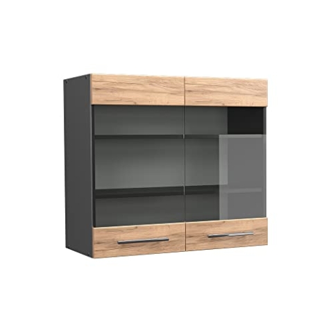 Vicco Küchenglasschrank Fame-Line, Glashängeschrank, Goldkraft Eiche/Anthrazit, 80 cm