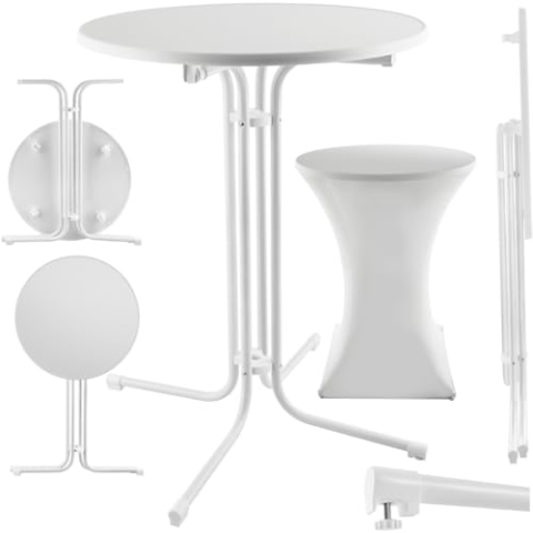 tectake® Gastro Stehtisch klappbar, Bistrotisch mit Husse, Tisch Ø80cm, Stehtisch mit MDF-Tischplatte, Gartentisch klappbar, Klapptisch, rund, Stahlgestell, stabil und robust - weiß