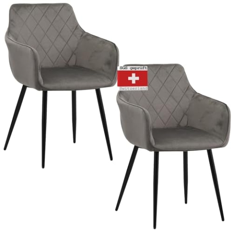 Albatros Esszimmerstühle 2er Set SALO, Grau - Modern und Stilvoll, bequemer Polsterstuhl - Eleganter Küchenstuhl, Stuhl Esszimmer oder Esstisch Stuhl im Retro-Look Samt