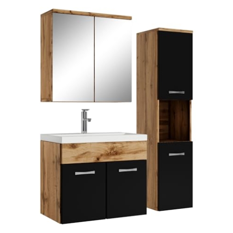 Badplaats B.V. Badezimmer Badmöbel Set Montreal mit Spiegelschrank 60cm Waschbecken Eiche mit Schwarz - Unterschrank Hochschrank Waschtisch Möbel