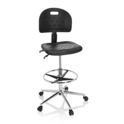 hjh OFFICE 830097 Arbeitsstuhl hoch TOP Work 23 I PU-Hartschaum Schwarz Arbeitshocker mit Lehne, Rollen & Gleiter