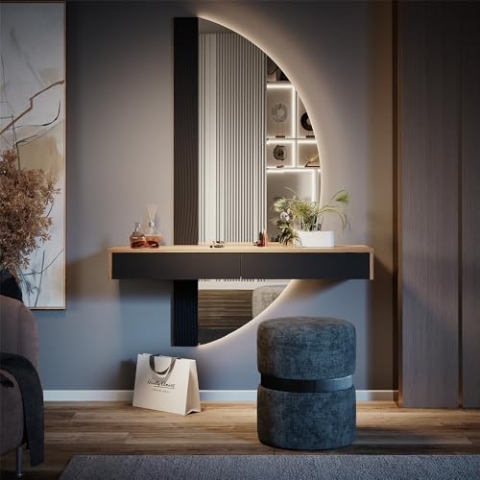 Vicco Schminktisch Melisa, Kosmetiktisch mit Spiegel, Eiche/Schwarz, 120 cm mit 2 Schubladen