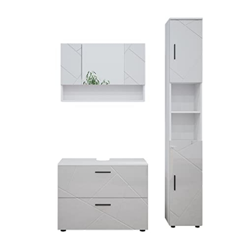 Vicco Badmöbel-Set Irma, Weiß Hochglanz, 3 Teile, mit Spiegelschrank 80 cm