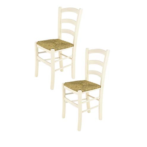 t m c s Tommychairs - 2er Set Stühle Venice für Küche und Esszimmer, robuste Struktur aus lackiertem Buchenholz in Anilinfarbe Weiss und Sitzfläche aus Stroh