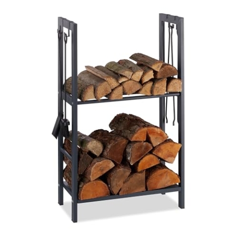 Relaxdays, anthrazit Kaminholzregal mit 2 Ablagen, aus Stahl, 4 Haken für Kaminbesteck, Brennholzregal HBT 100x60x30 cm, 100 x 60 x 30 cm