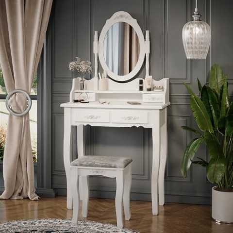 Vicco Schminktisch Meghan, Kosmetiktisch mit Spiegel, Weiß, 75 cm mit Hocker