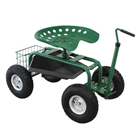 Gartensitz Fahrbarer Gartenwagen mit Sitz 150kg Sitzwagen Gartenhocker Rollwagen Rollsitz Gartenhelfer Grün Scooter Profi mit Werkzeugfach und Korb Kniebank