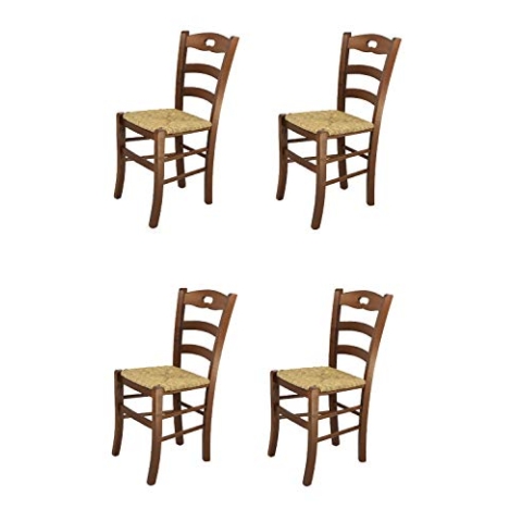 t m c s Tommychairs - 4er Set Stühle Savoie für die Küche und Esszimmer, Robuste Struktur aus lackiertem Buchenholz, im Farbton Nussbraun und Sitzfläche aus Stroh