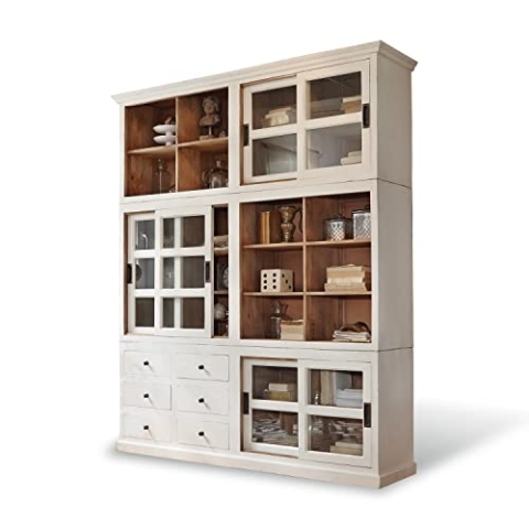 Loberon Schrank Dubberly, Handgearbeitet, Antik-Finish, Zweifarbige Verarbeitung, mit Sechs Schubladen & Schiebetüren, Aufbewahrung, Mangoholz, Glas, antikweiß/antikbraun