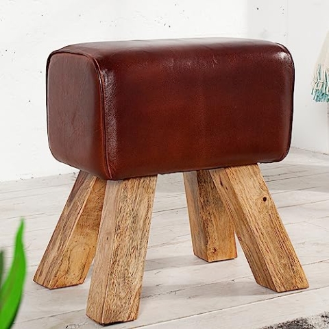 invicta INTERIOR Kult Sitzhocker TURNBOCK mit Echtleder Bezug Mangoholz Schulsport Hocker Natur 40cm Fußhocker aus Holz mit Lederbezug