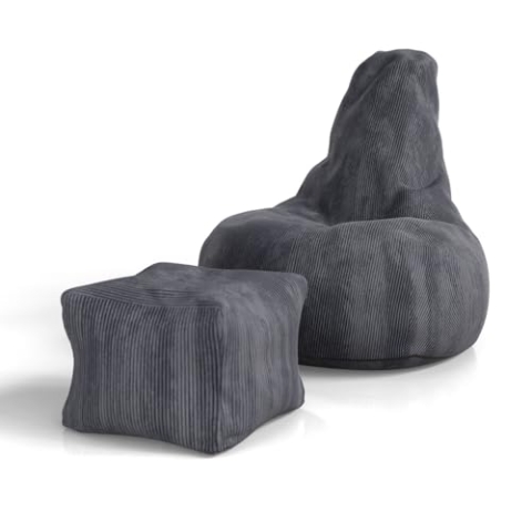 Juskys Sitzsack Chillex XL mit Hocker - Cord Sessel für Erwachsene - Füllung Memoryschaumstoff - Gaming & Lesesessel bequem - Bean Bag - Dunkelgrau