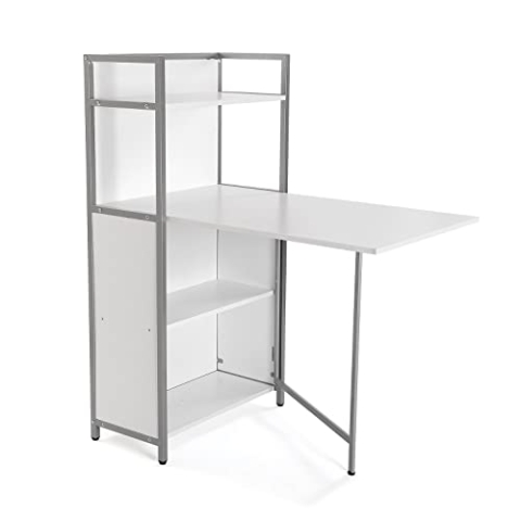 Versa Blumenau Esstisch mit Regal für Küche, Terrasse, Garten oder Esszimmer, Klappbare Arbeitsplatte, Maßnahmen (H x L x B) 120 x 30 x 62 cm, Holz, PVC und Metall, Farbe: Weiß