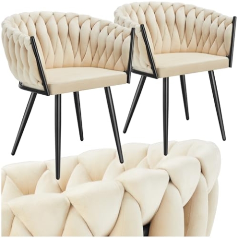 tectake® Samt Stuhl, Schalenstuhl mit Armlehne in Knoten Optik, Esszimmerstühle, Sessel modern für Wohnzimmer, Esszimmer, als Küchenstühle, für Schminktisch, Dining Chair Set - Sand, 2er Set