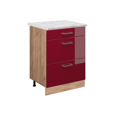 Vicco Küchenschrank R-Line, Schubladenschrank für die Küche, Bordeaux Hochglanz, 60 cm AP Marmor