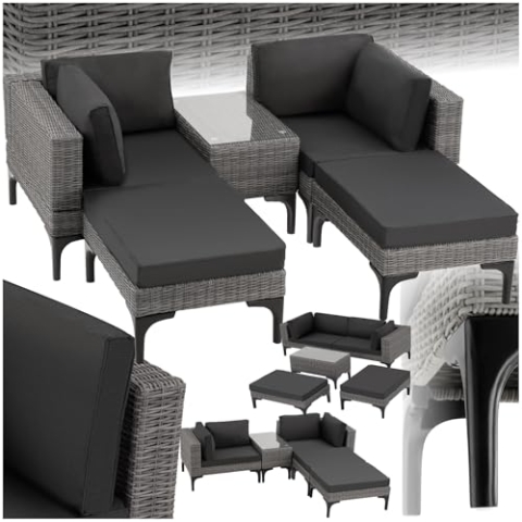 tectake® Outdoor Rattan Lounge, 5-teiliges Gartenmöbel Sofa Set, frei kombinierbar, mit Ecksessel, Hocker, Tisch, Gartenlounge, inkl Sitz- und Rückenkissen - grau