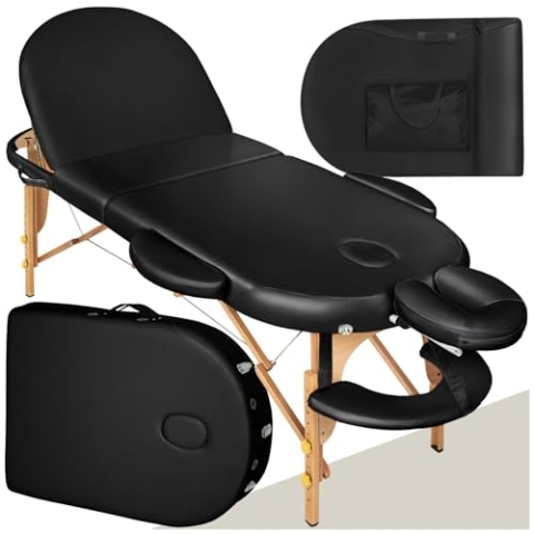 tectake® Mobile Massageliege, ovale Massage Liege mit 3 Zonen klappbar, höhenverstellbar, extra Dicke Polsterung, Vinylbezug, mit Kopf- und Armstützen, Zubehör Transporttasche - schwarz