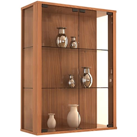 VCM Glasvitrine hängend | Vitrine Glas mit ESG-Sicherheitsglas | Maße: H. 80 x B. 60 x T. 25 cm | Hängevitrine Glas | Modern und platzsparend | Glas Vitrinenschrank - Udina Kern-Nussbaum