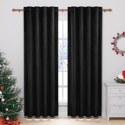 WOLTU 2 Stücke Samtvorhänge Blickdicht Verdunklungsvorhang mit Kräuselband Thermogardine, 300 g/m² Schwere Samtige Verdunkelungsgardinen für Schlafzimmer Wohnzimmer, 140x270 cm(B x H) Schwarz