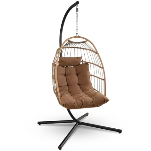 SereneLife Hängesessel mit Gestell – Rattan Hängesessel Outdoor & Indoor Wetterfest – Schaukel für Kinder & Erwachsene bis 250 kg mit Dicke Kissen – Faltbarer Schaukelsessel für Terrasse & Wohnzimmer