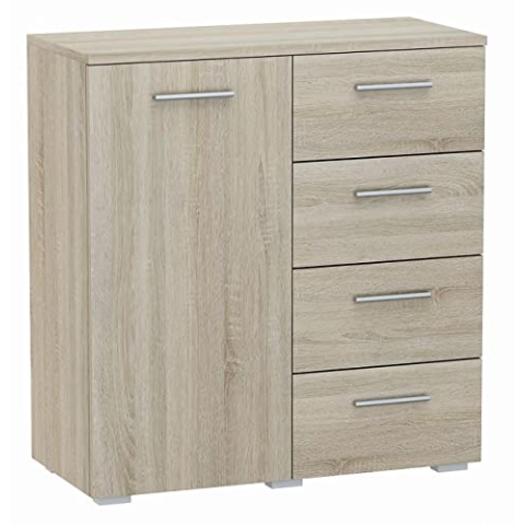 MATKAM Kommode Helena B80 x H84,5 x T35 cm, Sideboard mit 4 Schubladen und 1 Fächer mit Türen, ideal für Büro, Diele, Wohnzimmer, Jugend- oder Kinderzimmer (Sonoma Eiche)