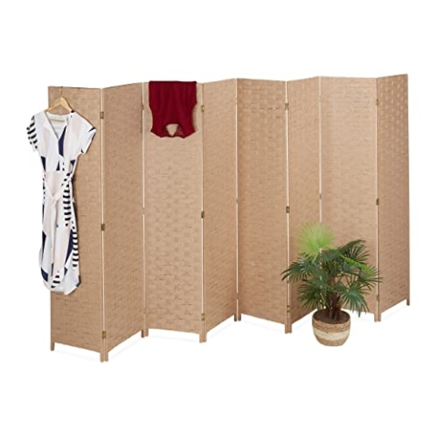 Relaxdays Paravent, 8-teilig, Raumtrenner faltbar, HxB 170x320 cm, Sichtschutz innen, Holz, Papierseil, Trennwand, Natur