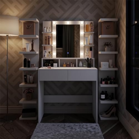 Vicco Schminktisch Taylor, Kosmetiktisch mit Spiegel, Weiß, 80 cm mit LED Beleuchtung
