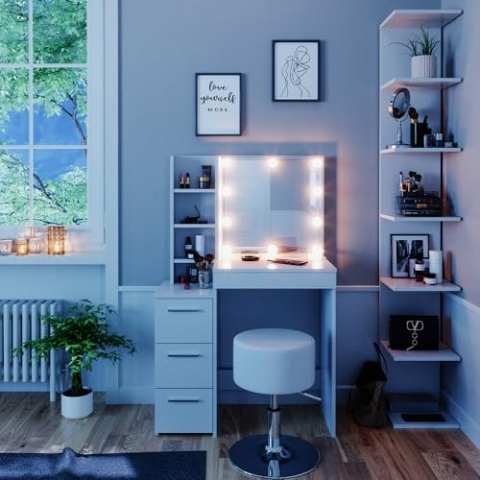 Vicco Schminktisch Meryl, Kosmetiktisch mit Spiegel, Weiß, 80 cm mit LED Beleuchtung und Hocker