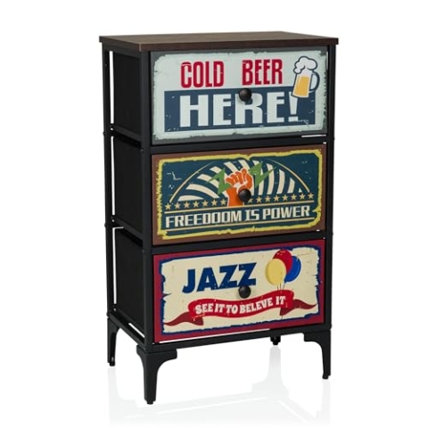 hjh LIVING Kommode mit 3 Schubladen aus Vlies AMERIKO S 77x30x45 cm, Schubladenschrank im Vintage-Look mit Motiven, Metall-Gestell