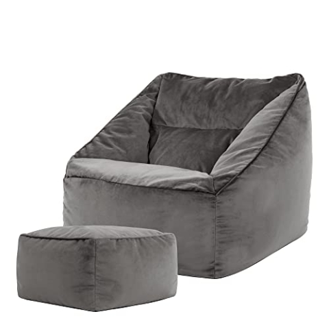 Icon Natalia Sitzsack Sessel mit Hocker für Erwachsene, Dunkelgrau, Flauschiger Samtstoff, Riesen Sitzsack Samt mit Füllung, Bean Bag Chair, Bequemer Sessel Wohnzimmer, Lounge, Schlafzimmer, Büro