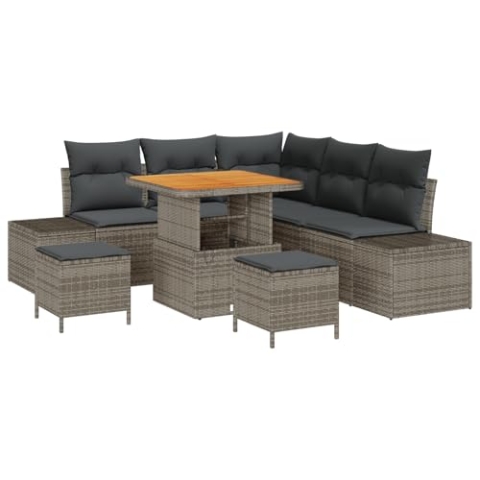 vidaXL 8-teiliges Garten Sofa Set mit Kissen Grau Poly Rattan Akazie, 2-Sitzer Garten Sofa mit Kissen Grau Poly Rattan