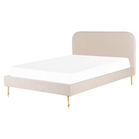 Beliani Polsterbett Samtstoff beige mit Lattenrost 160 x 200 cm Metallfüße Gold Flayat