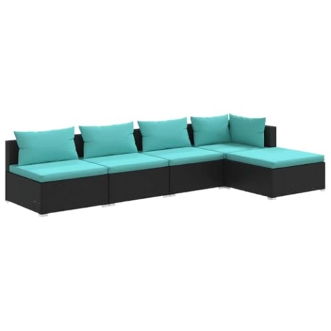 vidaXL Gartenmöbel 5-TLG. mit Kissen Ecksofa Mittelsofa Fußhocker Sofa Lounge Sitzgruppe Gartenset Garten Garnitur Gartensofa Poly Rattan Schwarz
