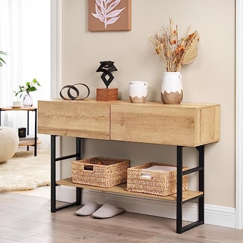 [en.casa] Konsolentisch Varberg mit Zwei Schubladen Dekoregal 75 x 120 x 30 cm Sofatisch Schwarz und Eicheoptik für Wohnzimmer Flur