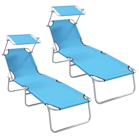 vidaXL Klappbare Sonnenliegen 2er Set mit Sonnendach Himmelblau 600D Oxford-Stoff