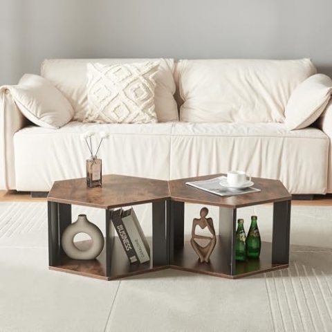 [en.casa] Couchtisch Molde 2er Set Beistelltisch Wohnzimmertische wabenförmig Sofatische mit Stauraum vertikal und horizontal aufstellbar Schwarz/Walnussoptik