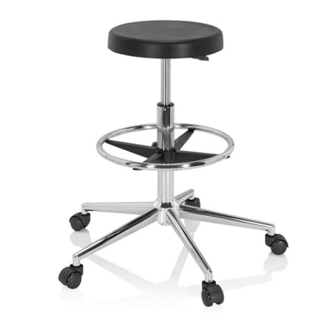 hjh OFFICE 830101 Arbeitshocker hoch TOP Work 14 I PU-Hartschaum Schwarz Drehhocker mit Rollen & Gleiter, höhenverstellbar