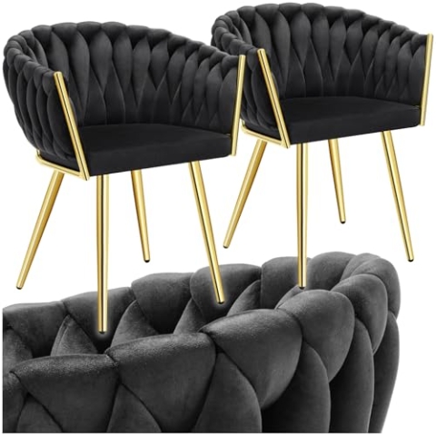 tectake® Samt Stuhl, Schalenstuhl mit Armlehne in Knoten Optik, Esszimmerstühle, Sessel modern für Wohnzimmer, Esszimmer, als Küchenstühle, für Schminktisch, Dining Chair Set - Schwarz/Gold, 2er Set