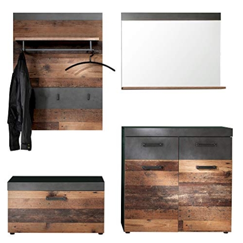 trendteam smart living - Indy - Garderoben-Set (Sitzbank + Garderobenpaneel + Kommode + Wandspiegel) - Graphit Grau/Alteiche - (BxHxT) 185 x 192 x 37 cm - rustikales Design
