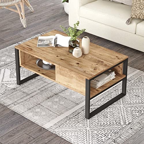 [en.casa] Couchtisch Laukaa Beistelltisch mit 2 Ablagefächern Wohnzimmertisch 44,5 x 100 x 60 cm Sofatisch Eiche rustikal/Schwarz