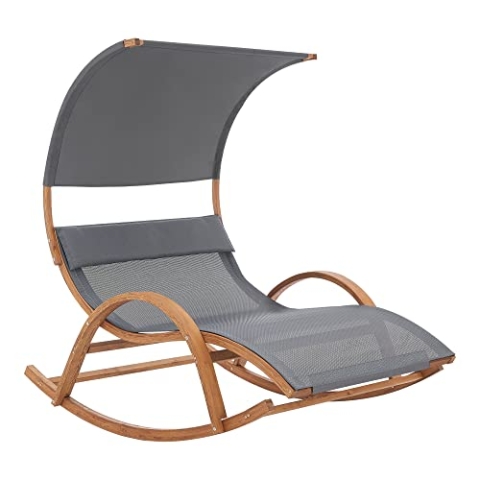 [en.casa] Schaukelliege Kasos 181 x 135 x 190 cm Liegestuhl mit Sonnendach Schaukelstuhl mit Kopfkissen und Armlehnen Gartenliege Lärchenholz Polyester Dunkelgrau
