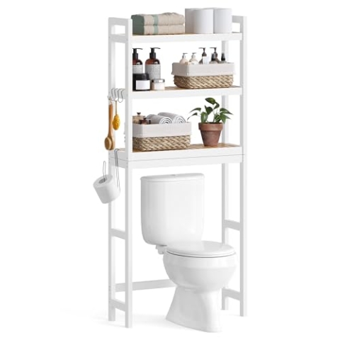 SONGMICS Toilettenregal, Badezimmerregal, Waschmaschinenregal, 3-stöckiges Badregal aus Bambus, verstellbare Ablage, für die meisten Toiletten, platzsparend, wolkenweiß-naturbeige BTS001W02