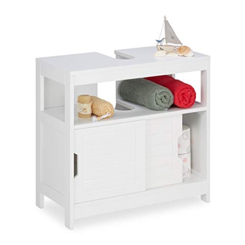 Relaxdays Waschbeckenunterschrank, 2 Fächer, Schiebetüren, Siphon-Ausschnitt, Badunterschrank, HBT: 60,5x60x30cm, weiß, Holzwerkstoff