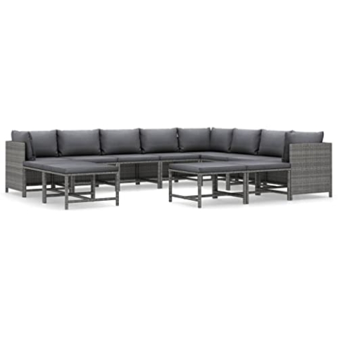 vidaXL Gartenmöbel 12-TLG. mit Kissen Garten Garnitur Sitzgruppe Sofa Lounge Sitzgarnitur Gartensofa Gartenset Mittelsofa Ecksofa Poly Rattan Grau