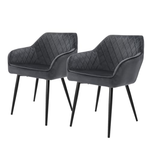 ML-Design 2er Set Esszimmerstühle mit Armlehne und Rückenlehne, Anthrazit, Küchenstuhl mit Samtbezug, Polsterstuhl mit Metallbeinen, Ergonomischer Stuhl für Esstisch, Esszimmerstuhl Wohnzimmerstuhl
