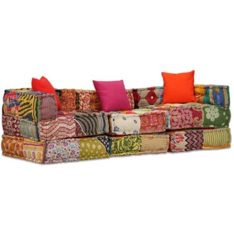 vidaXL Pouf 3-Sitzer Modular Patchwork Stoff Sitzpouf Sofa Couch Schlafsofa