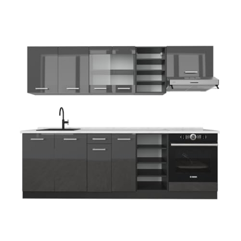Vicco Küchenzeile R-Line, Anthrazit Hochglanz/Anthrazit, 240 cm, AP Marmor